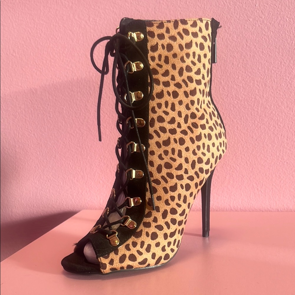 Leopard Lace-Up Ankle Booties Heels Fall Glam Autumn Sexy Stiletto Baddie Winter
